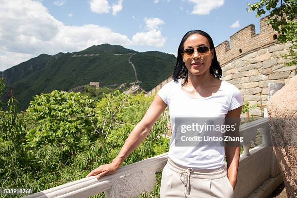 Cecilia Braekhus of Norway poses on the Great Wall during the Weigh-in of IBF World Boxing Championship Bout at Mutianyu on May 24, 2016 in Beijing,...
