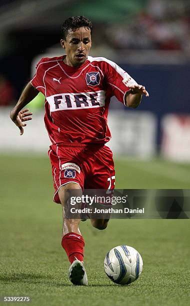 Ivan Guerrero of the Chicago Fire moves the ball on the left side against the Kansas City Wizards during their MLS match on August 10, 2005 at...