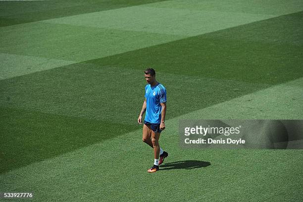 Cristiano Ronaldo of Real Madrid leaves the team training session after getting injured during the Real Madrid Open Media Day ahead of the UEFA...