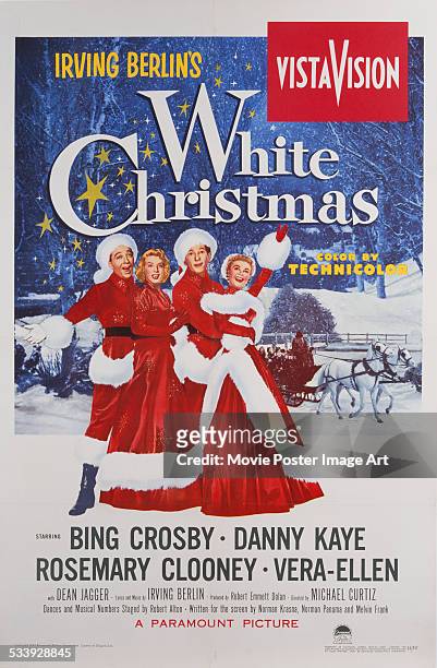 Poster for Michael Curtiz's 1954 comedy 'White Christmas' starring Bing Crosby, Danny Kaye, Rosemary Clooney, and Vera-Ellen.