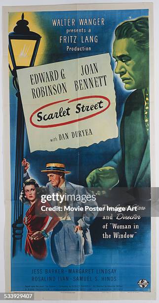 Poster for Fritz Lang's 1945 drama 'Scarlet Street' starring Edward G. Robinson, Joan Bennett, and Dan Duryea.