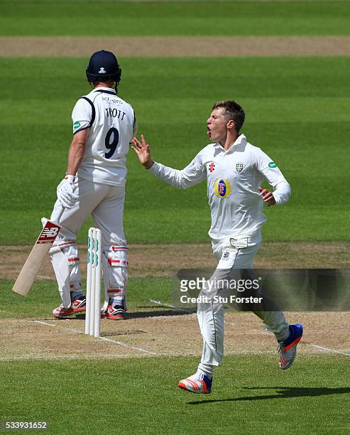 Durham bowler Brydon Carse celebrates after dismissing Warwickshire batsman Jonathan Trott during day three of the Specsavers County Championship...