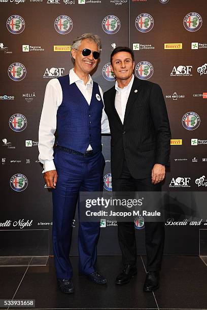 Andrea Bocelli and Javier Zanetti attend Bocelli and Zanetti Night press conference on May 24, 2016 in Arese, Italy.