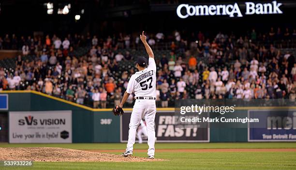 Francisco Rodriguez reacts to getting the final out of the game against the Philadelphia Phillies at Comerica Park on May 23, 2016 in Detroit,...