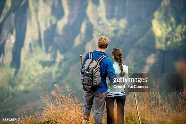 couple hiking while on vacation in hawaii - hawaii scenics stock pictures, royalty-free photos & images