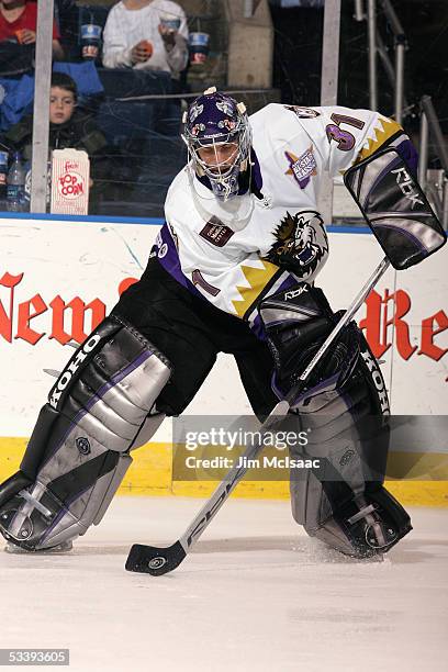 Goalie Mathieu Garon of the Manchester Monarchs plays the puck during a American Hockey League game against the Bridgeport Sound Tigers at the Arena...