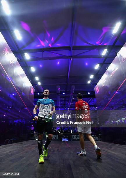Gregory Gaultier of France competes against Simon Rosner of Germany during day one of the PSA Dubai World Series Finals 2016 at Burj Park on May 24,...
