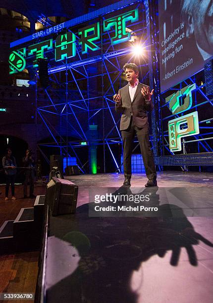 Travis Kalanick, CEO Uber, gives a presentation during the kick-off of Startup Fest Europe on May 24, 2016 in Amsterdam, The Netherlands. The event...