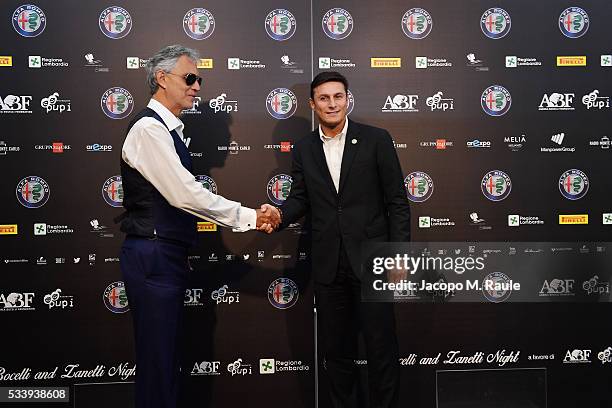 Andrea Bocelli and Javier Zanetti attend Bocelli and Zanetti Night press conference on May 24, 2016 in Arese, Italy.