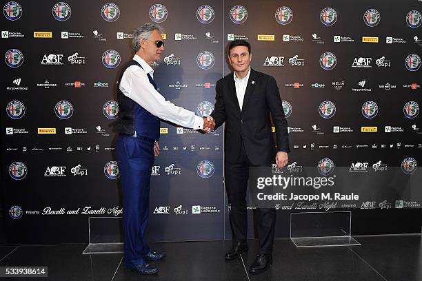 Andrea Bocelli and Javier Zanetti attend Bocelli and Zanetti Night press conference on May 24, 2016 in Arese, Italy.