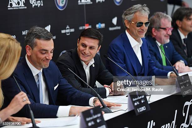 Fabrizio Curci, Javier Zanetti, Andrea Bocelli and Roberto Maroni attend Bocelli and Zanetti Night press conference on May 24, 2016 in Arese, Italy.