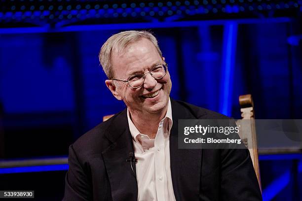 Eric Schmidt, chairman of Alphabet Inc., reacts during the opening of "Startup Fest", a five-day conference to showcase Dutch innovation, in...