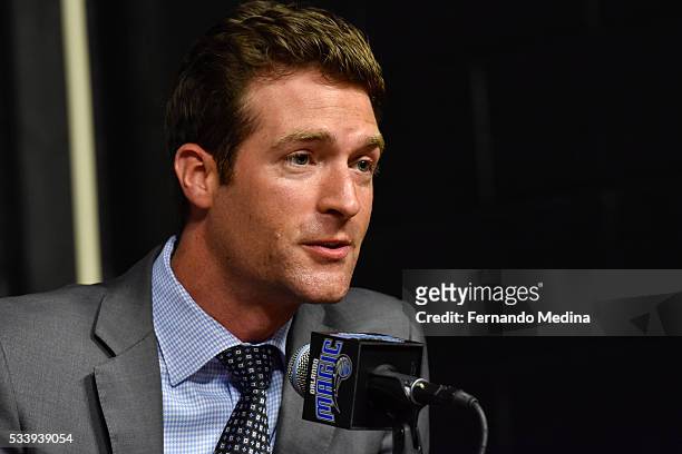 Orlando Magic general manager Rob Hennigan introduces new head coach Frank Vogel during a press conference on May 23, 2016 at Amway Center in...