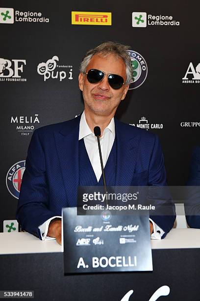 Andrea Bocelli attends Bocelli and Zanetti Night press conference on May 24, 2016 in Arese, Italy.