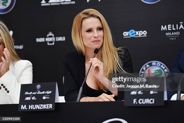 Michelle Hunziker attends Bocelli and Zanetti Night press conference on May 24, 2016 in Arese, Italy.