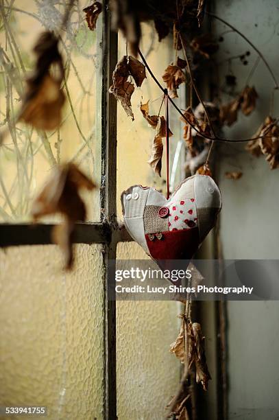 cushioned heart hung by window with dried leaves - lucy shires stockfoto's en -beelden