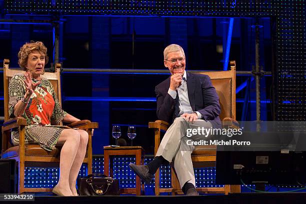 Apple CEO Tim Cook and Neelie Kroes attend the kick-off of Startup Fest Europe on May 24, 2016 in Amsterdam, The Netherlands. The event facilitates...