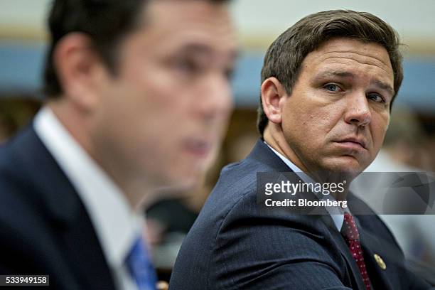Representative Ron DeSantis, a Republican from Florida, right, looks on as Representative Jason Chaffetz, a Republican from Utah and chairman of the...