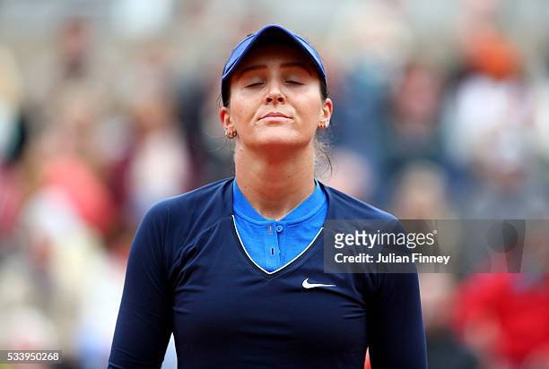 Laura Robson of Great Britain looks dejected during the Women's Singles first round match against Andrea Petkovic of Germany on day three of the 2016...