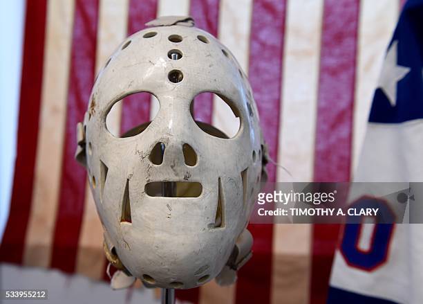 Some of the items from the US Olympic 'Miracle on Ice' from the 1980 US Winter Olympic games belonging to goalie Jim Craig are seen during a press...