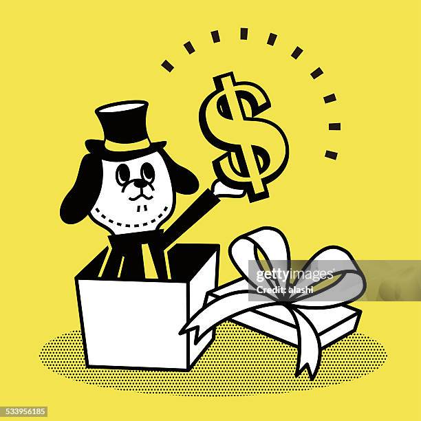 business dog showing a gift box with money - tax fraud 幅插畫檔、美工圖案、卡通及圖標