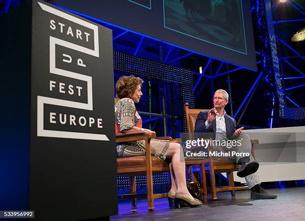 Apple Ceo Tim Cook and Neelie Kroes attend the kick-off of Startup Fest Europe on May 24, 2016 in Amsterdam, The Netherlands. The event facilitates...