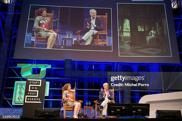 Apple Ceo Tim Cook and Neelie Kroes attend the kick-off of Startup Fest Europe on May 24, 2016 in Amsterdam, The Netherlands. The event facilitates...