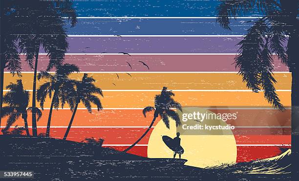 ilustraciones, imágenes clip art, dibujos animados e iconos de stock de surfer puesta de sol retro - california beach