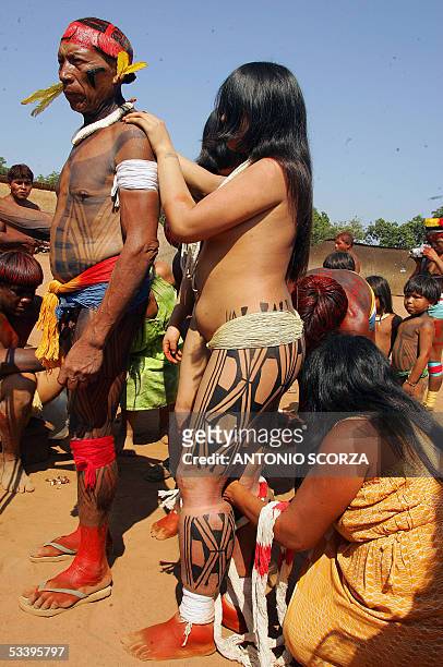 Brazilian Awara virgin Indian girl is prepared by the Xaman and her mother for taking part in the Kuarup ceremony, in an area of the Amazon forest...