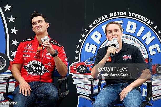 Verizon IndyCar Series driver Graham Rahal and NASCAR Camping World Truck Series driver Christopher Bell speak to the crowd during the Speeding To...