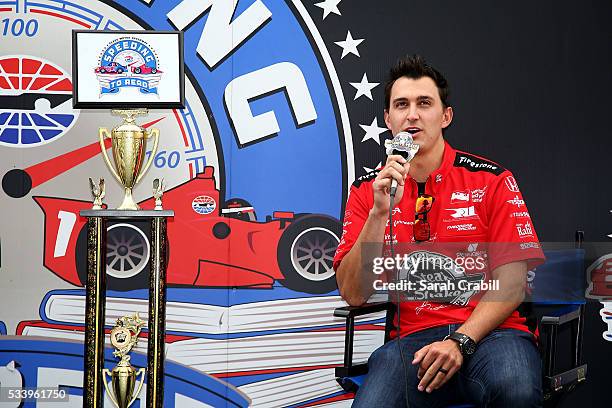 Verizon IndyCar Series driver Graham Rahal answers questions during the Speeding To Read Championship Assembly at Texas Motor Speedway on May 24,...