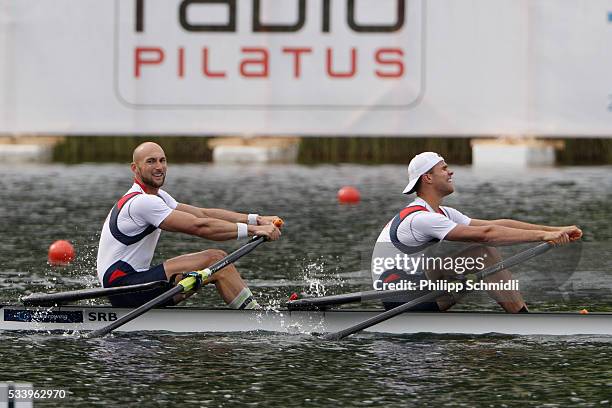 Marko Marjanovic and Andrija Sljukic of Serbia compete in the Men's Double Sculls final during Day 3 of the 2016 FISA European And Final Olympic...