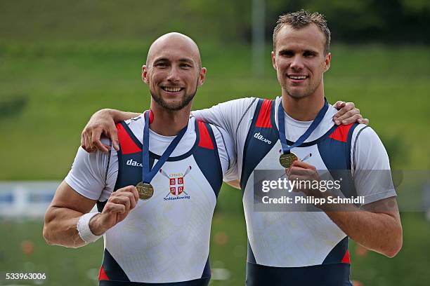 Marko Marjanovic and Andrija Sljukic of Serbia pose for a photo after qualifying for the 2016 Summer Olympic Games in Rio during Day 3 of the 2016...