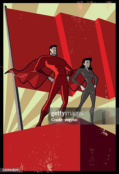 vector retro propaganda superhero poster - communism stock illustrations