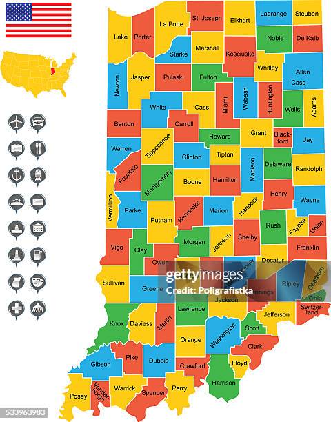 detailed vector map of indiana - south bend indiana stock illustrations