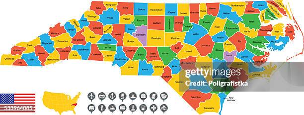 ilustraciones, imágenes clip art, dibujos animados e iconos de stock de detallado vector map de carolina del norte - charlotte carolina del norte
