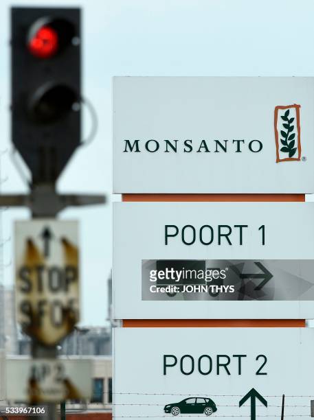 Photo taken on May 24, 2016 in Lillo near Antwerp shows the Monsanto logo at the firm Manufacturing Site and Operations Center. - US agribusiness...