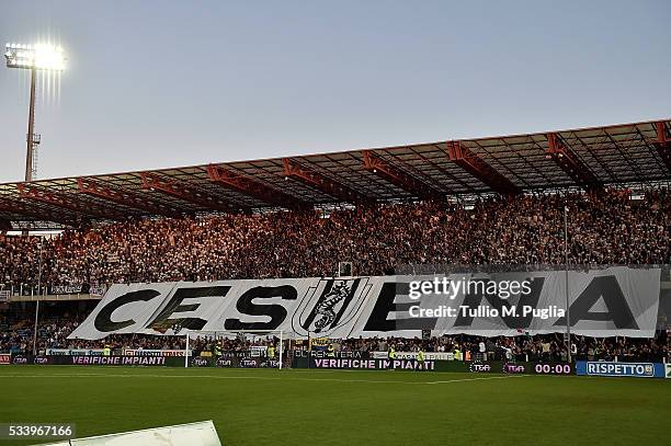 Fans of Cesena show their support during the Serie B playoff match between AC Cesena and AC Spezia on May 24, 2016 in Cesena, Italy.