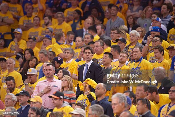 Playoffs: Golden State Warriors general manager Bob Myers in crowd with fans during Game 1 vs Oklahoma City Thunder game at Oracle Arena. Oakland, CA...