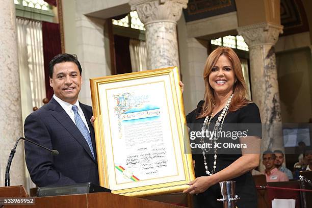 Tv personality Maria Celeste Arraras is presented with the Los Angeles City Proclamation by Councilmember Jose Huizar at Los Angeles City Hall on May...