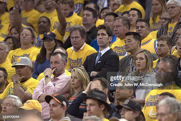 Playoffs: Golden State Warriors general manager Bob Myers in crowd with fans during Game 1 vs Oklahoma City Thunder game at Oracle Arena. Oakland, CA...