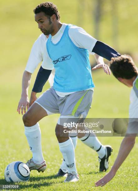 Archie Thompson of the Victory in action during the Melbourne Victory FC Training session at the Melbourne Grammar Sports Grounds on August 17, 2005...