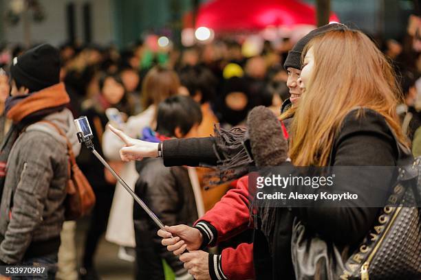 Adult couple in a crowd taking selfie with a stick at Kobe Luminarie on December 6, 2013. Woman points to the screen.