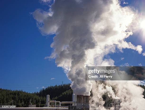 Steam rising from vents at the Wairakei Geothermal Power Station near Wairakei, New Zealand. April 2014