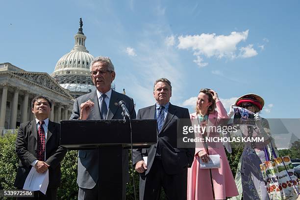 Democratic Representative from California Alan Lowenthal speaks at a press conference with US Republican Representative from Virginia Barbara...