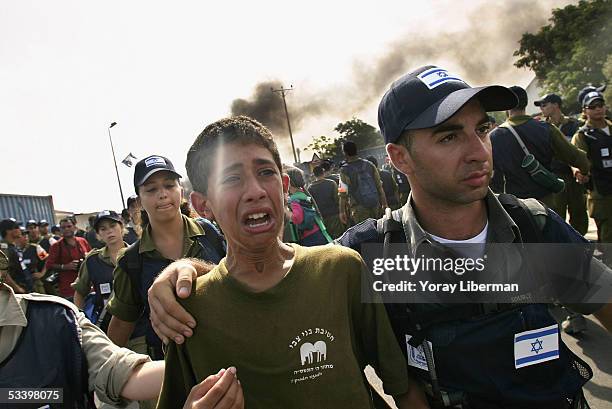 Policemen arrest a young Israeli settler evacuated from the settlement of Neve-Dekalim on August 17, 2005 in the southern Gaza Strip. Thousands of...