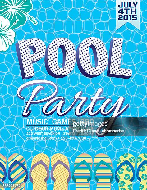 ilustraciones, imágenes clip art, dibujos animados e iconos de stock de piscina de verano de invitación con agua y flip flops - fiesta de piscina