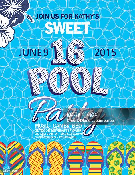 sweet 16 pool-party-einladung mit wasser und palmen - pool party stock-grafiken, -clipart, -cartoons und -symbole