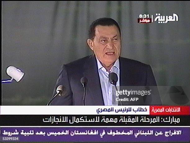 Video grab from the Dubai-Based Al-Arabiya channel shows Egyptian President Hosni Mubarak addressing the nation 17 August 2005, as presidential...