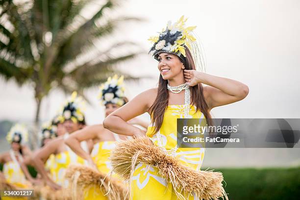 hula dancers from a hawaiian halau - hula dancing stock pictures, royalty-free photos & images